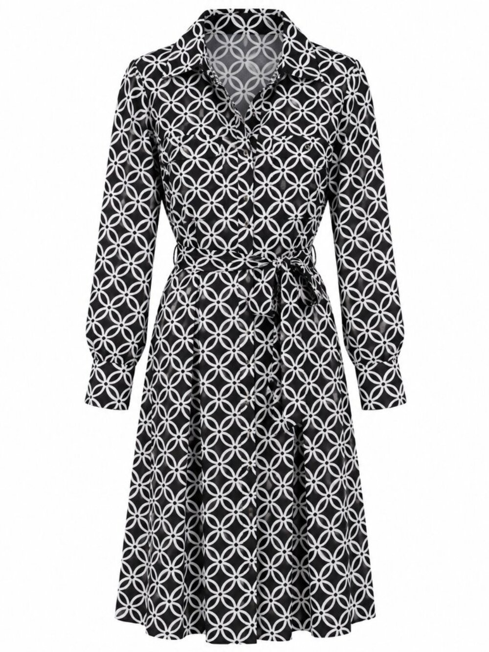 Black White Geometric Belted Shirt Dress Long Sleeve Midi Career Retro